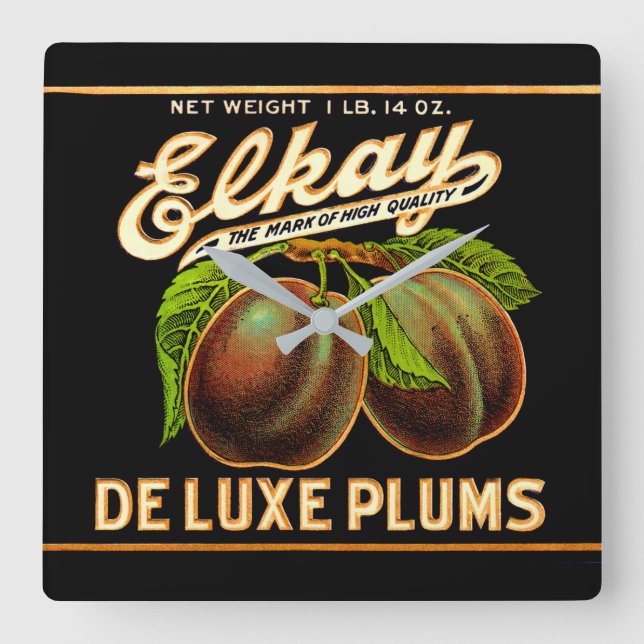 1930s Elkay Deluxe Plums label Square Wall Clock (Front)
