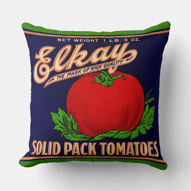 1930s Elkay Solid Pack Tomatoes can label print Throw Pillow (Front)