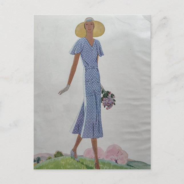 1930s Fashion Woman in Blue and White Dress  Postcard (Front)