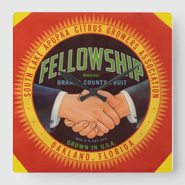 1930s Fellowship Orange County Citrus label Square Wall Clock (Front)