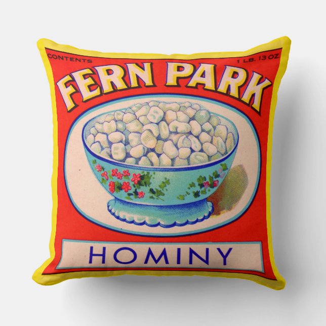 1930s Fern Park hominy grits label print Throw Pillow (Front)