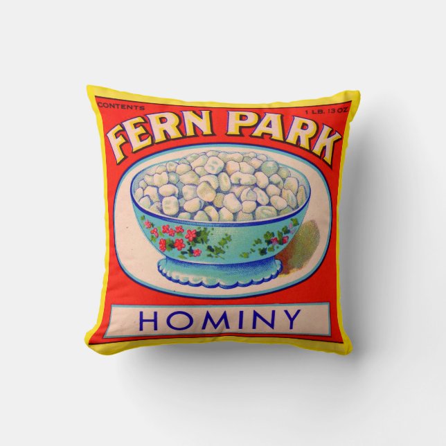 1930s Fern Park hominy grits label print Throw Pillow (Front)