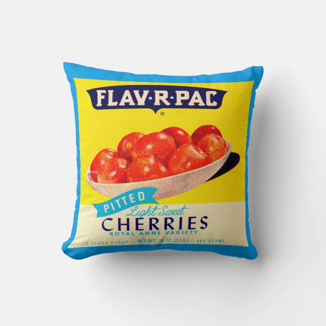 1930s Flav-R-Pac pitted cherries Throw Pillow (Front)