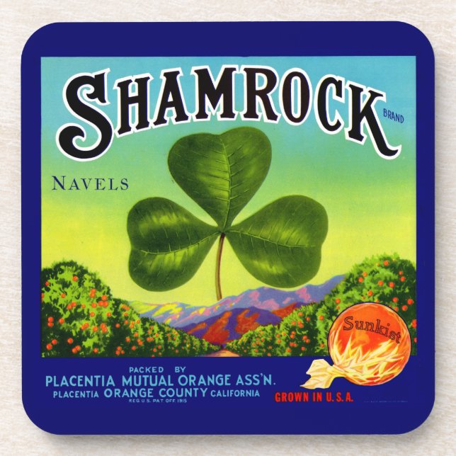 1930s fruit crate label Shamrock Navel Oranges Beverage Coaster (Front)