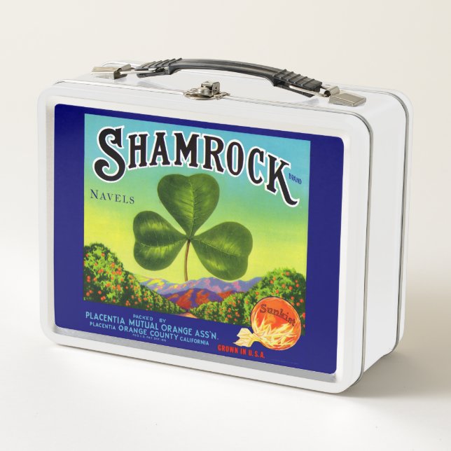 1930s fruit crate label Shamrock Navel Oranges Metal Lunch Box (Front)