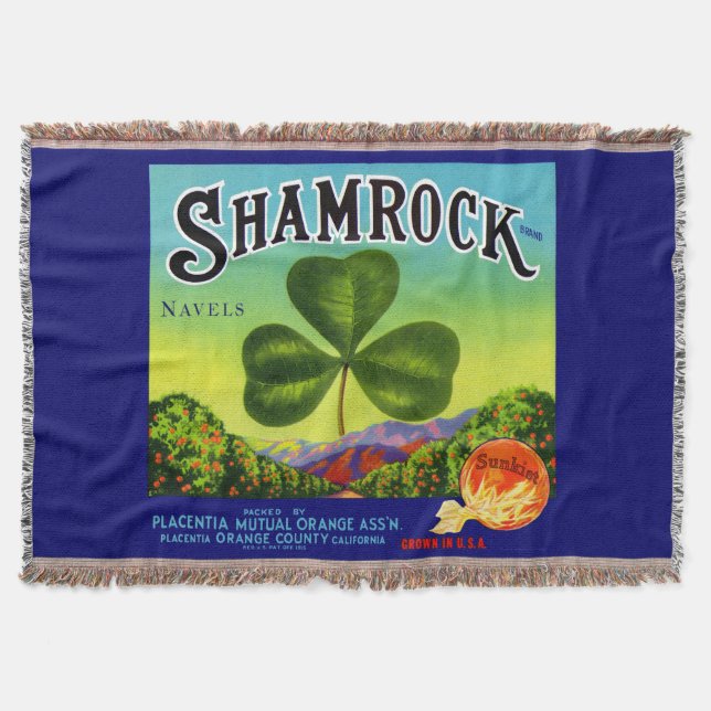 1930s fruit crate label Shamrock Navel Oranges Throw Blanket (Front)