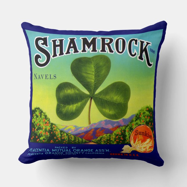1930s fruit crate label Shamrock Navel Oranges Throw Pillow (Front)