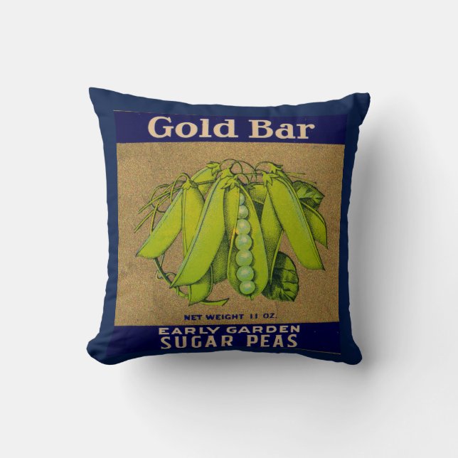 1930s Gold Bar sugar peas can label Throw Pillow (Front)