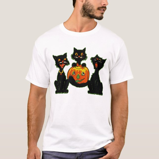1930s Halloween Black Cats With Jack O'Lantern T-Shirt (Front)
