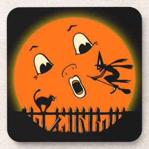 1930s Halloween Witch & Full Moon Beverage Coaster