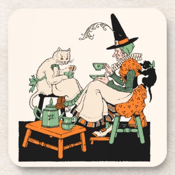 1930s Halloween Witch Sharing Tea With Her Cats Beverage Coaster by Vintage_Halloween at Zazzle