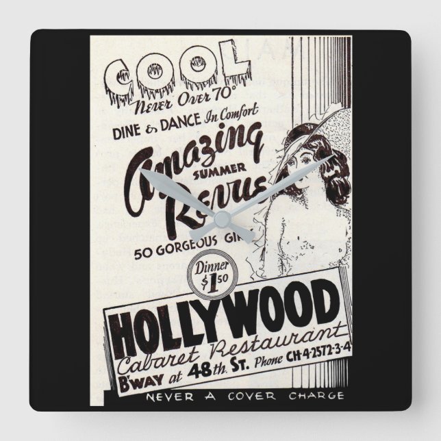 1930s Hollywood Cabaret Restaurant ad Square Wall Clock (Front)
