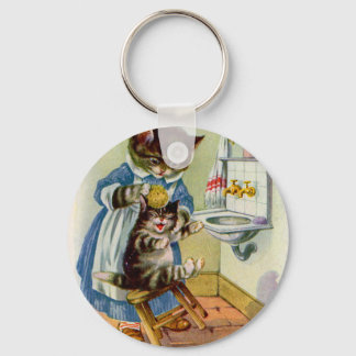 1930s kitty cat mama washes her kitten keychain