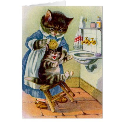 1930s kitty mama washes her kitten card