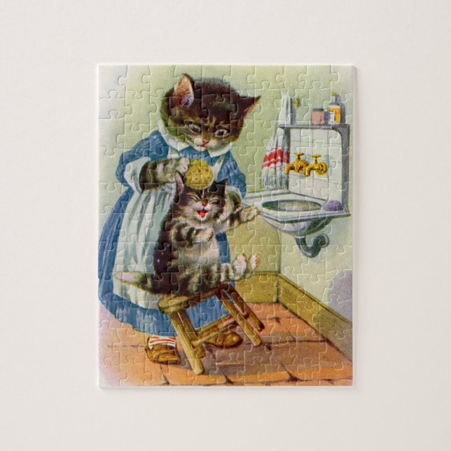1930s kitty mama washes her kitten jigsaw puzzle (Vertical)