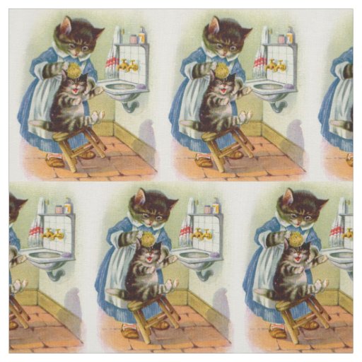 1930s kitty mama washes her kitten print fabric