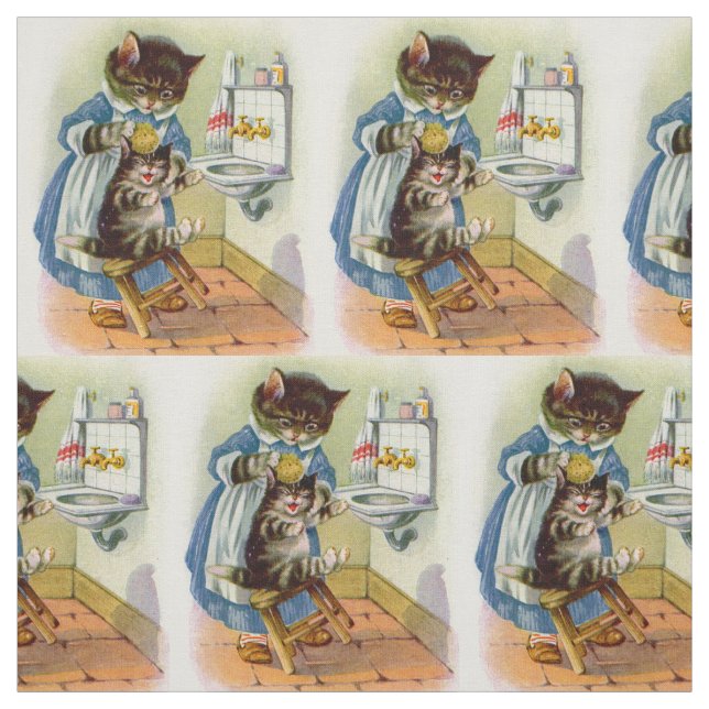 1930s kitty mama washes her kitten print fabric (Swatch)