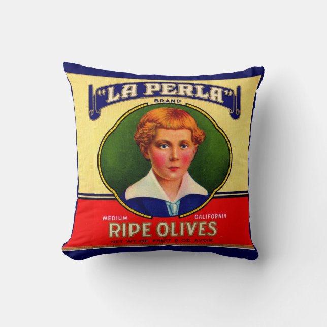 1930s LaPerla Olives label print Throw Pillow (Front)