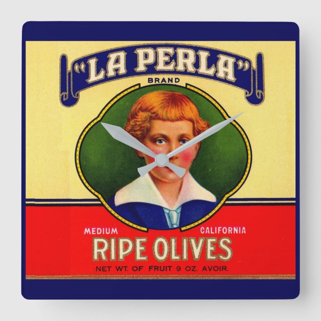 1930s LaPerla Olives label Square Wall Clock (Front)
