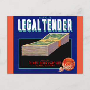 1930s Legal Tender orange crate label Postcard