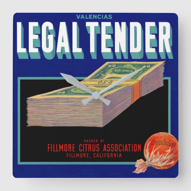 1930s Legal Tender orange crate label Square Wall Clock (Front)