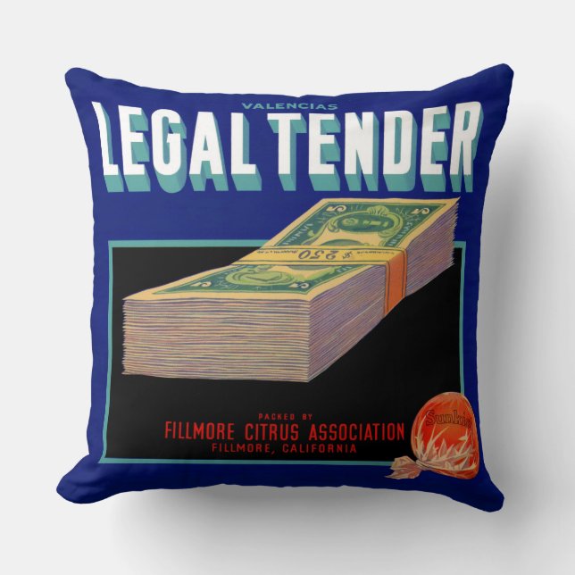 1930s Legal Tender orange crate label Throw Pillow (Front)