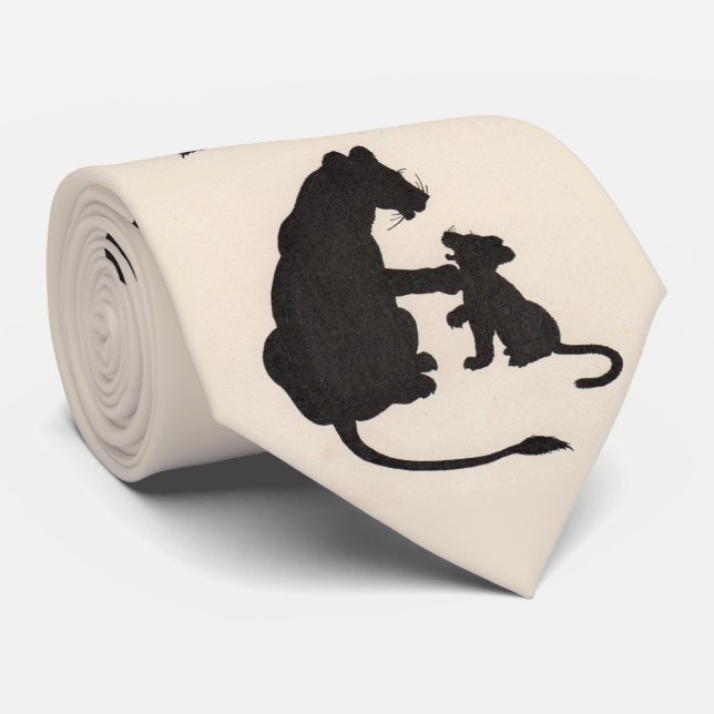 1930s lioness and cub silhouette print neck tie (Rolled)