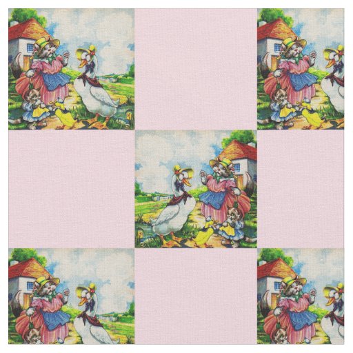 1930s mama kitty and baby kitty visit ducks prrint fabric