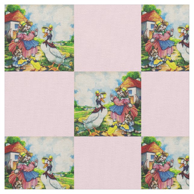1930s mama kitty and baby kitty visit ducks prrint fabric (Close Up)