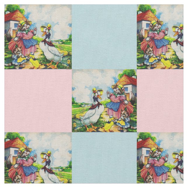 1930s mama kitty and baby kitty visit ducks prrint fabric (Close Up)