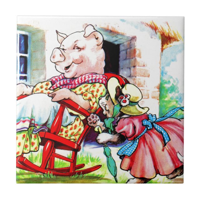 1930s mama kitty and baby kitty visit pig ceramic tile (Front)