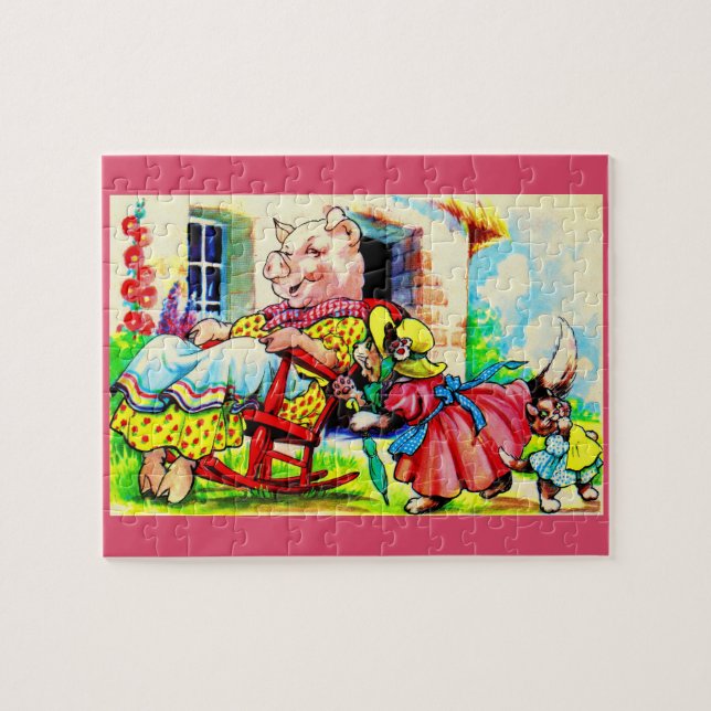 1930s mama kitty and baby kitty visit pig jigsaw puzzle (Horizontal)