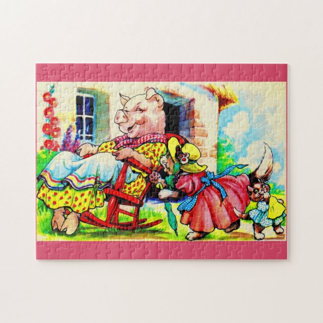 1930s mama kitty and baby kitty visit pig jigsaw puzzle (Horizontal)