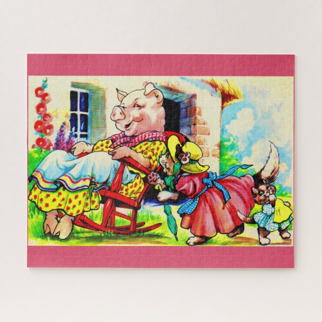 1930s mama kitty and baby kitty visit pig jigsaw puzzle (Horizontal)
