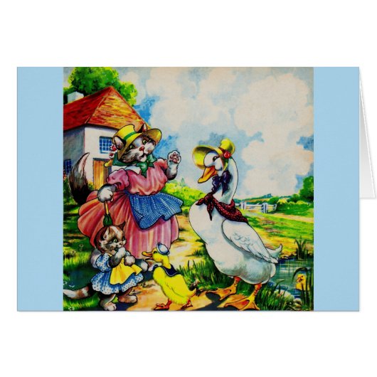 1930s mama kitty cat and baby kitty visit ducks cards (Front Horizontal)