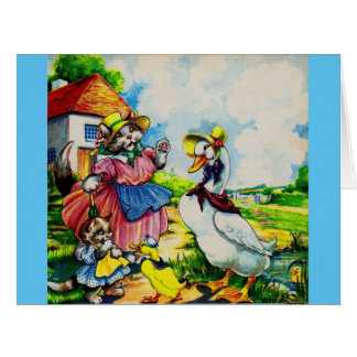 1930s mama kitty cat and baby kitty visit ducks cards