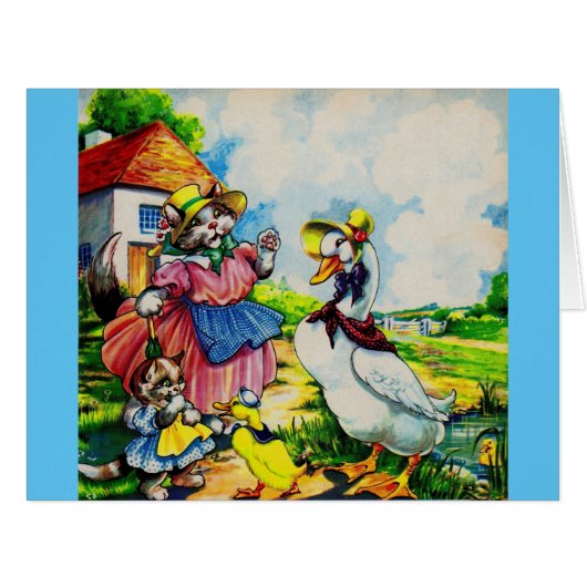 1930s mama kitty cat and baby kitty visit ducks cards (Front Horizontal)
