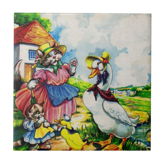 1930s mama kitty cat and baby kitty visit ducks ceramic tile (Front)