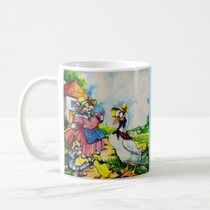 1930s mama kitty cat and baby kitty visit ducks coffee mug