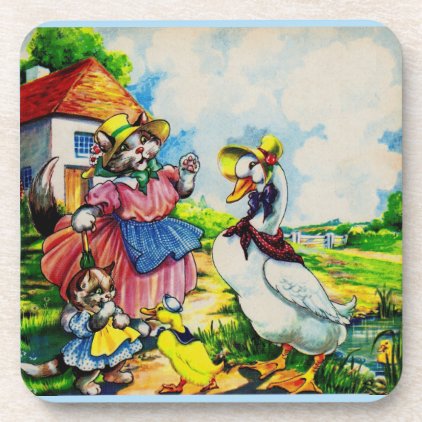 1930s mama kitty cat and baby kitty visit ducks drink coaster