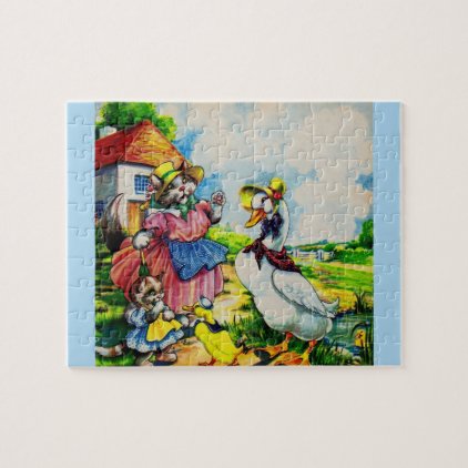 1930s mama kitty cat and baby kitty visit ducks jigsaw puzzle