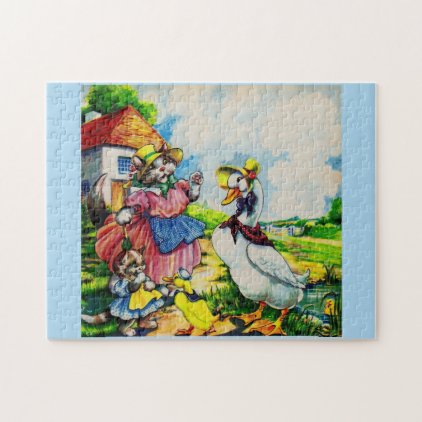 1930s mama kitty cat and baby kitty visit ducks jigsaw puzzle