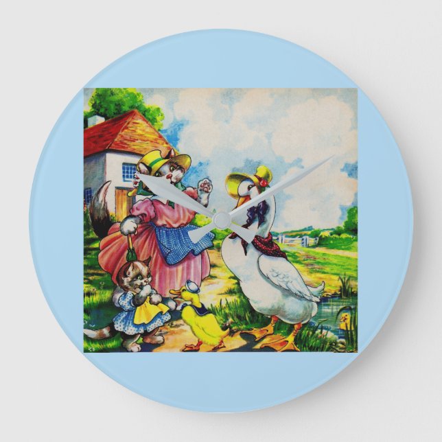 1930s mama kitty cat and baby kitty visit ducks large clock (Front)