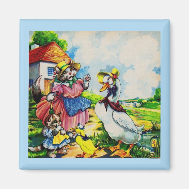 1930s mama kitty cat and baby kitty visit ducks magnet (Front)