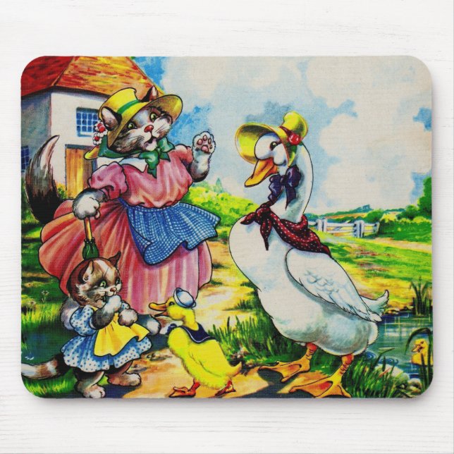 1930s mama kitty cat and baby kitty visit ducks mouse pad (Front)