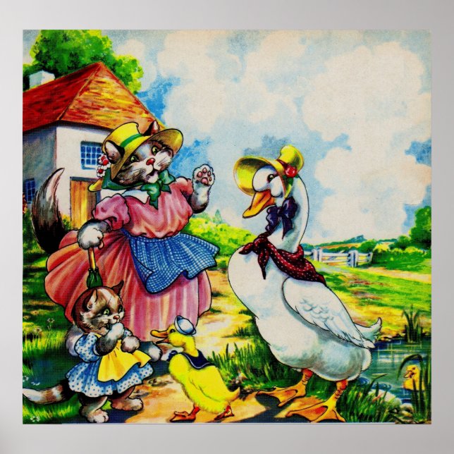 1930s mama kitty cat and baby kitty visit ducks poster (Front)