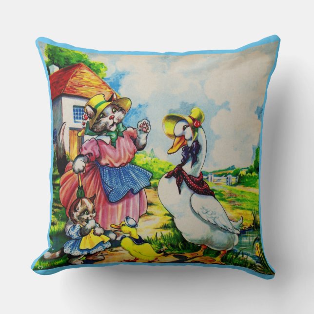 1930s mama kitty cat and baby kitty visit ducks throw pillow (Front)
