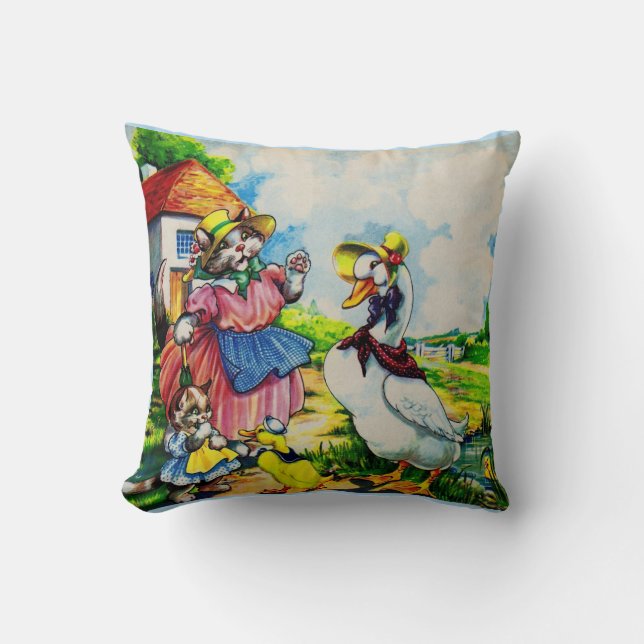 1930s mama kitty cat and baby kitty visit ducks throw pillow (Front)