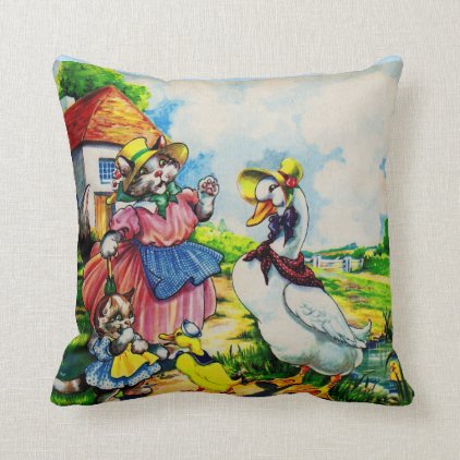 1930s mama kitty cat and baby kitty visit ducks throw pillow