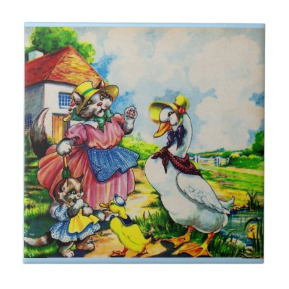 1930s mama kitty cat and baby kitty visit ducks tile